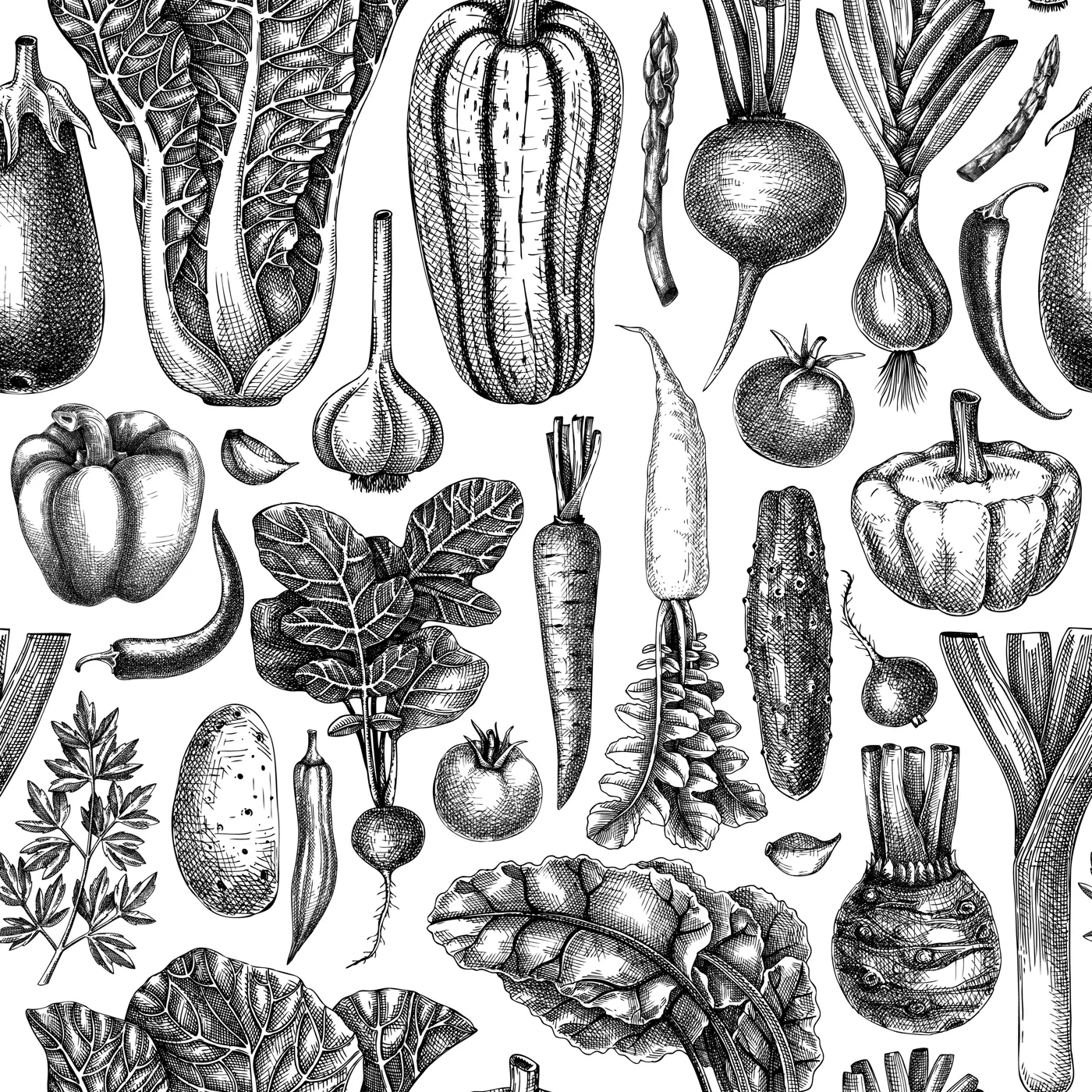 Hand-sketched vegetable seamless pattern. Vector background with healthy food elements in vintage style. Fresh vegetables backdrop for wrapping paper, banner, textile, menu design. Illustration